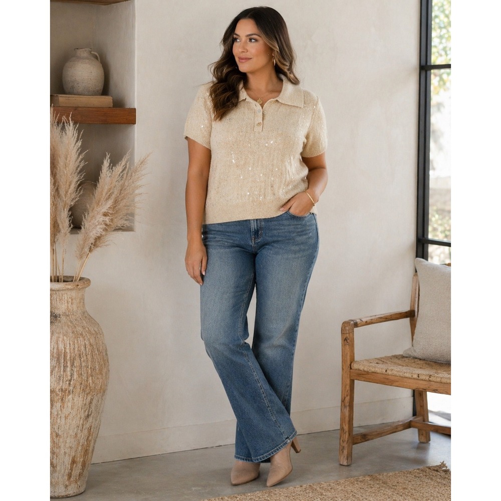 Camila Coelho Women Beige Sequin Short Sleeve Polo Sweater Knit Top Size S